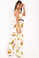 White Leaf Print Twist Front Belted Jumpsuit - Rainn-Jumpsuits