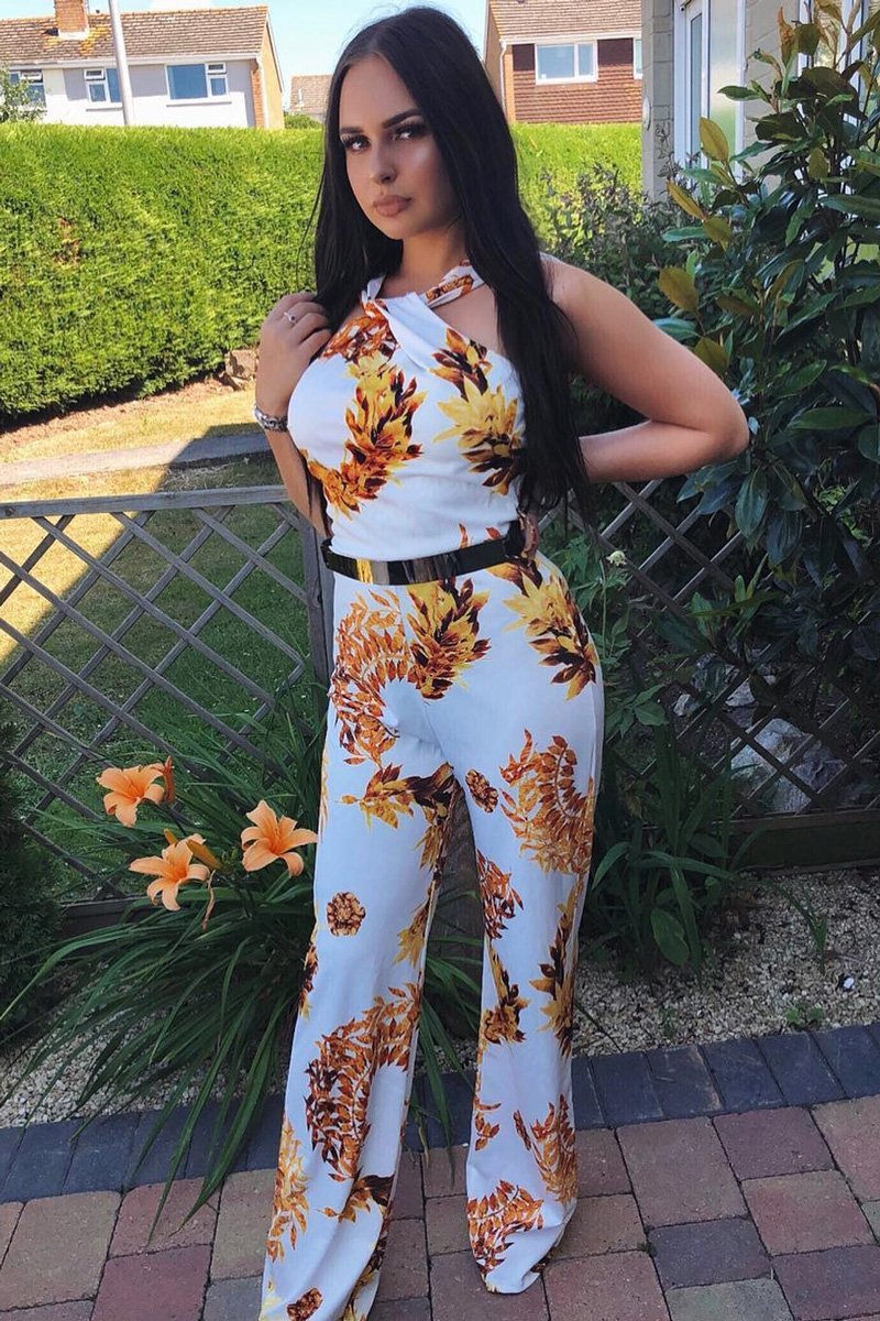 White Leaf Print Twist Front Belted Jumpsuit - Rainn-Jumpsuits