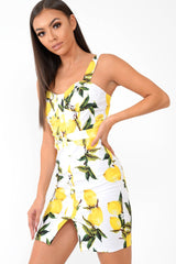 White Lemon Print Button Front Woven Mini Dress - Emillie-Dresses