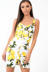 White Lemon Print Button Front Woven Mini Dress - Emillie-Dresses