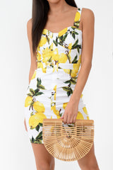 White Lemon Print Button Front Woven Mini Dress - Emillie-Dresses