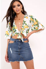 White Lemon Print Satin Tie Crop Top - Alara-Crop Tops