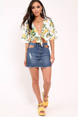 White Lemon Print Satin Tie Crop Top - Alara-Crop Tops