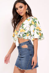 White Lemon Print Satin Tie Crop Top - Alara-Crop Tops