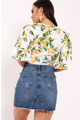 White Lemon Print Satin Tie Crop Top - Alara-Crop Tops