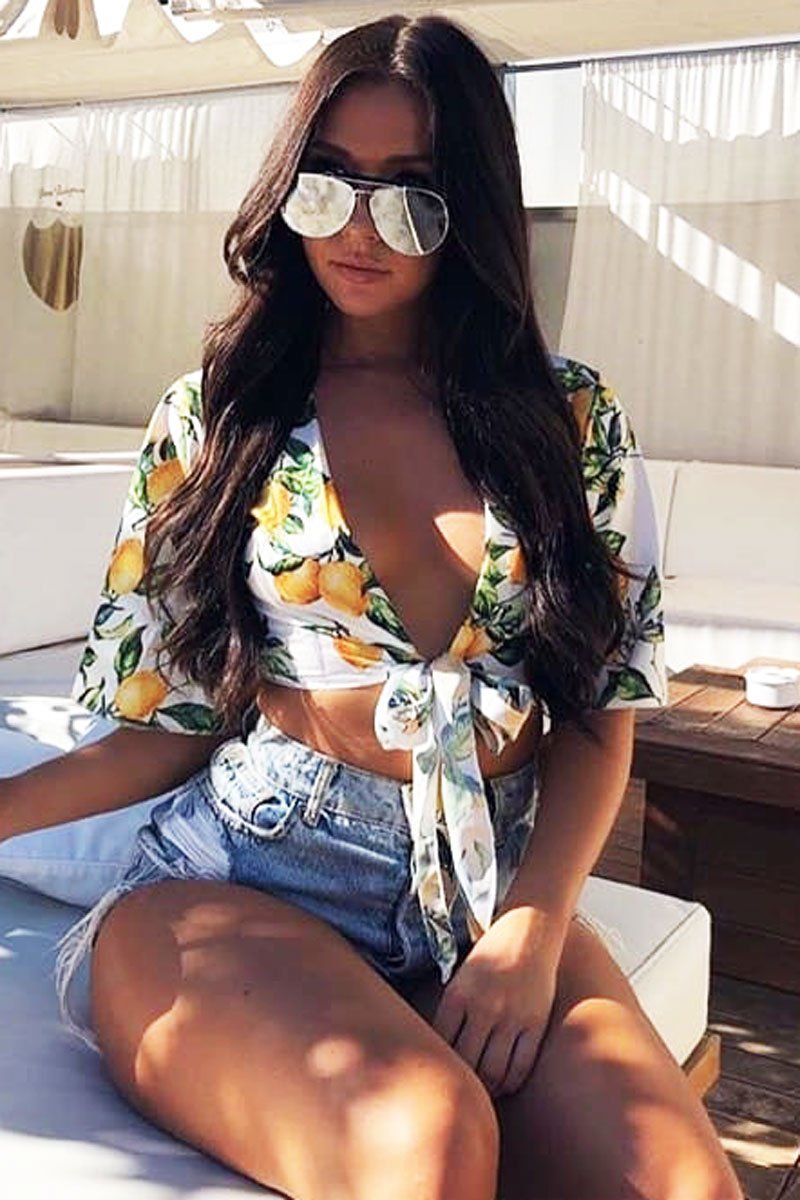 White Lemon Print Satin Tie Crop Top - Alara-Crop Tops