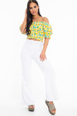 White Lemon Print Shirred Bardot Puff Sleeve Crop Top - Agnes-Crop Tops