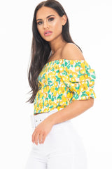 White Lemon Print Shirred Bardot Puff Sleeve Crop Top - Agnes-Crop Tops