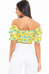 White Lemon Print Shirred Bardot Puff Sleeve Crop Top - Agnes-Crop Tops
