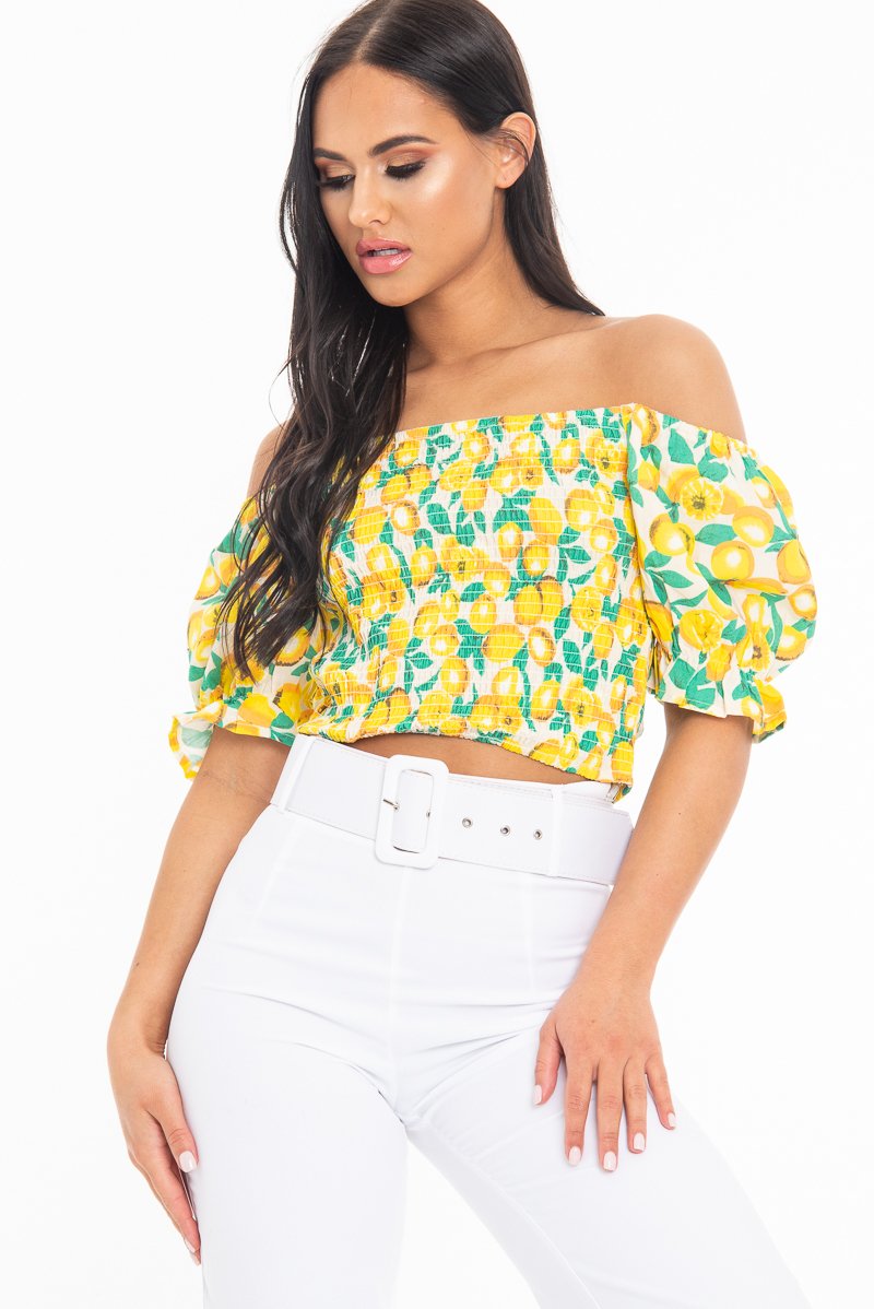 White Lemon Print Shirred Bardot Puff Sleeve Crop Top - Agnes-Crop Tops
