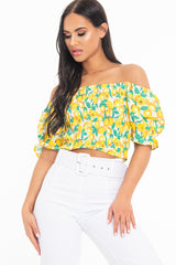 White Lemon Print Shirred Bardot Puff Sleeve Crop Top - Agnes-Crop Tops