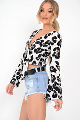 White Leopard Flare Sleeve Tie Crop Blouse - Coralie-Shirts