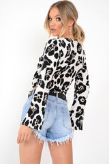 White Leopard Flare Sleeve Tie Crop Blouse - Coralie-Shirts