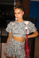 White Leopard Frill Crop Top And Shorts Co-Ord - Manuella-Co-ords