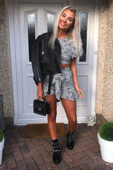 White Leopard Frill Crop Top And Shorts Co-Ord - Manuella-Co-ords