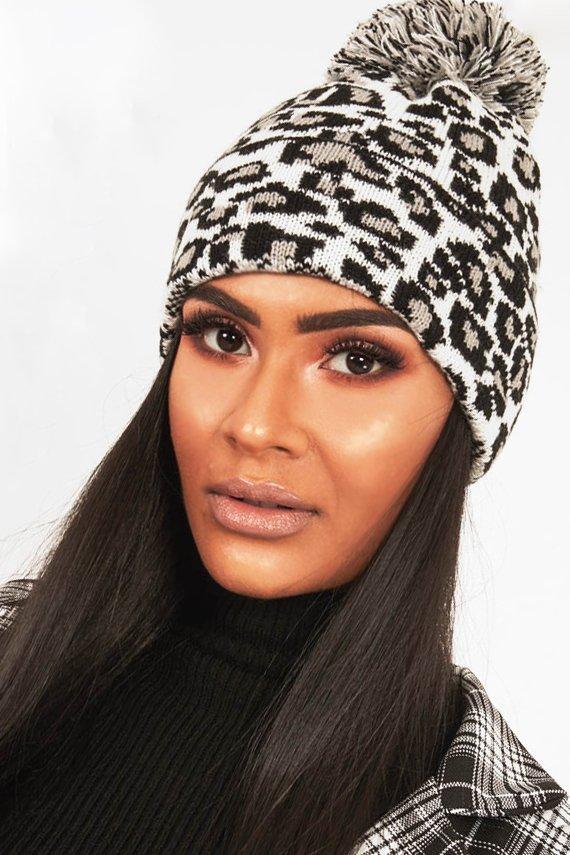 White Leopard Knit Pom Pom Hat - Kela-Hats