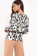 White Leopard Plunge Tie Front Shirt - Halina-Shirts