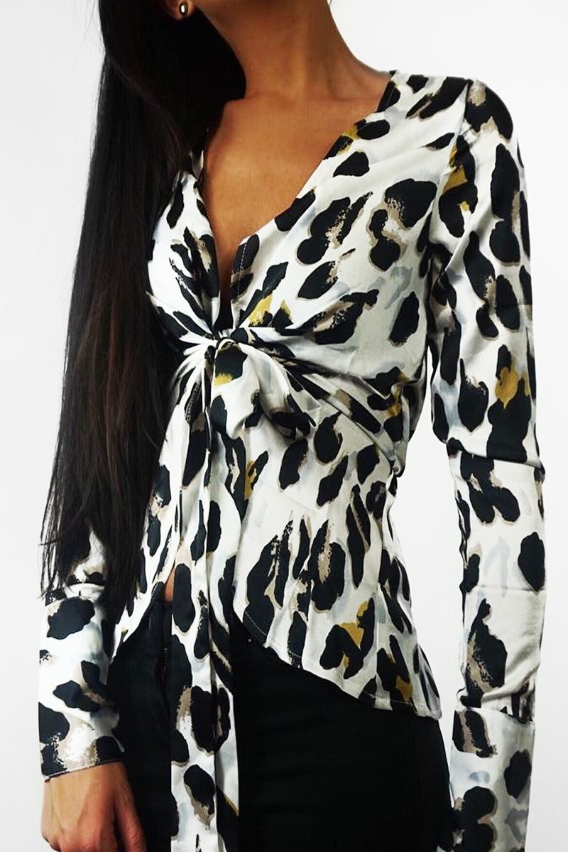 White Leopard Plunge Tie Front Shirt - Halina-Shirts