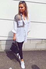 White Leopard Print Insert Button Down Shirt - Shelby-Shirts