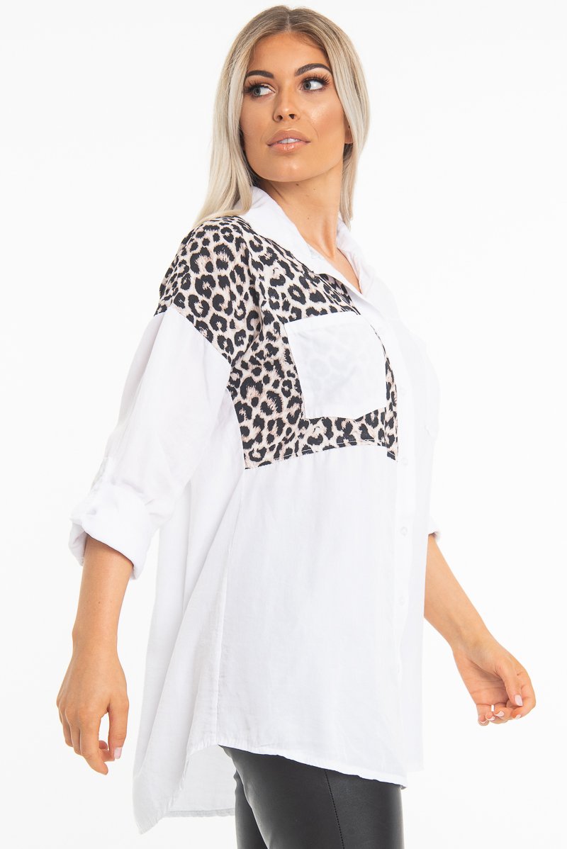 White Leopard Print Insert Button Down Shirt - Shelby-Shirts