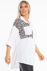White Leopard Print Insert Button Down Shirt - Shelby-Shirts