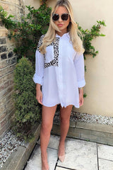 White Leopard Print Insert Button Down Shirt - Shelby-Shirts