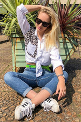 White Leopard Print Insert Button Down Shirt - Shelby-Shirts