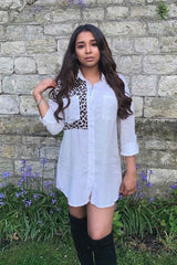 White Leopard Print Insert Button Down Shirt - Shelby-Shirts