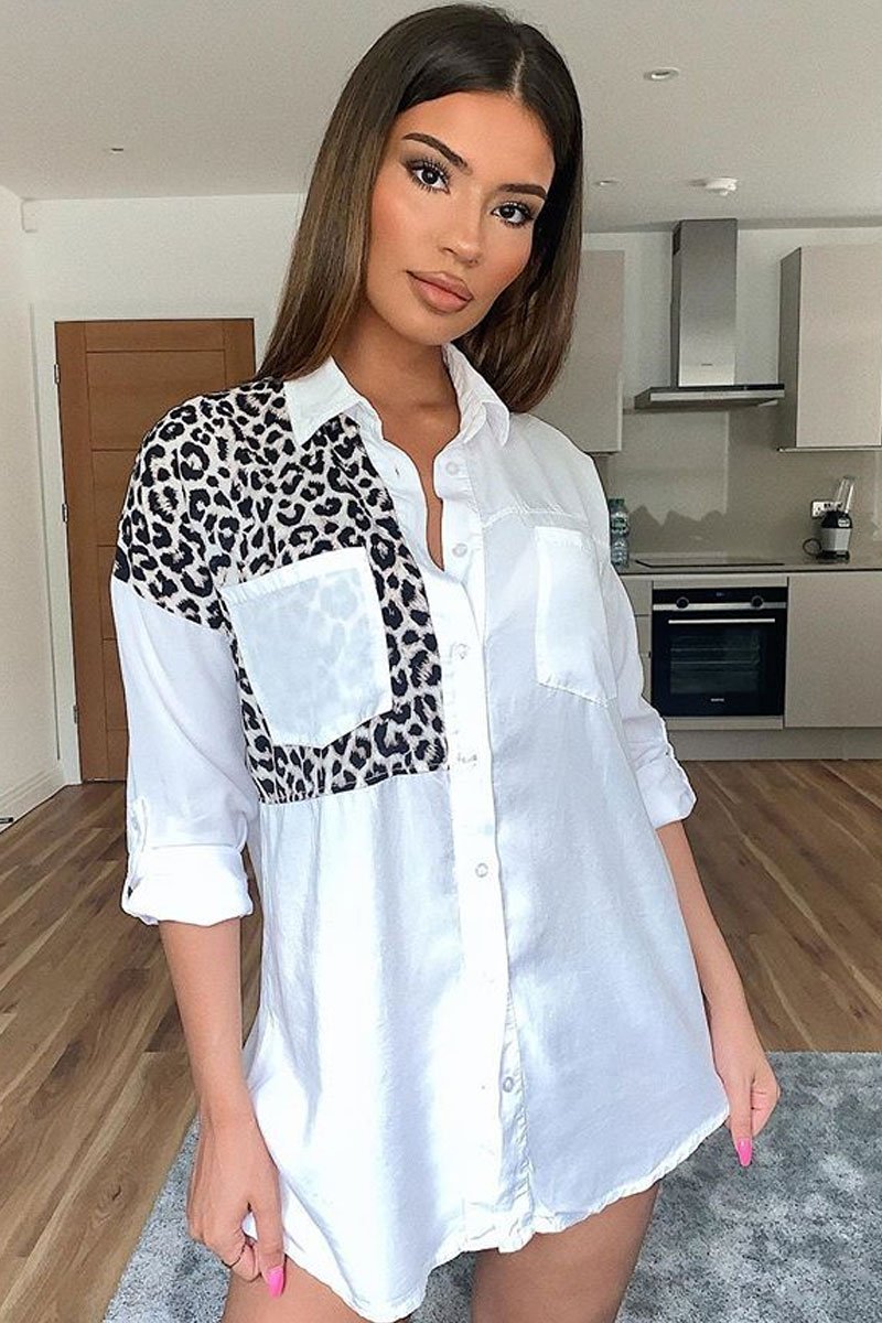 White Leopard Print Insert Button Down Shirt - Shelby-Shirts