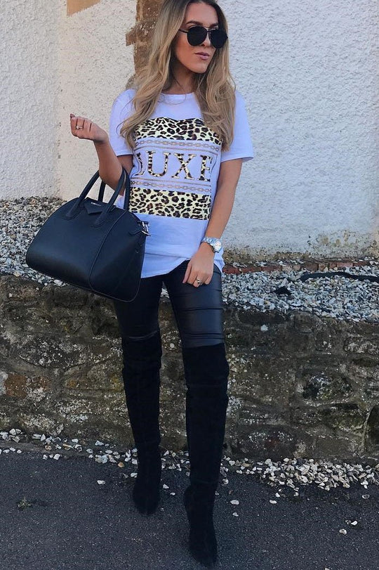 White Leopard Print Luxe Slogan T-Shirt - Cayleigh