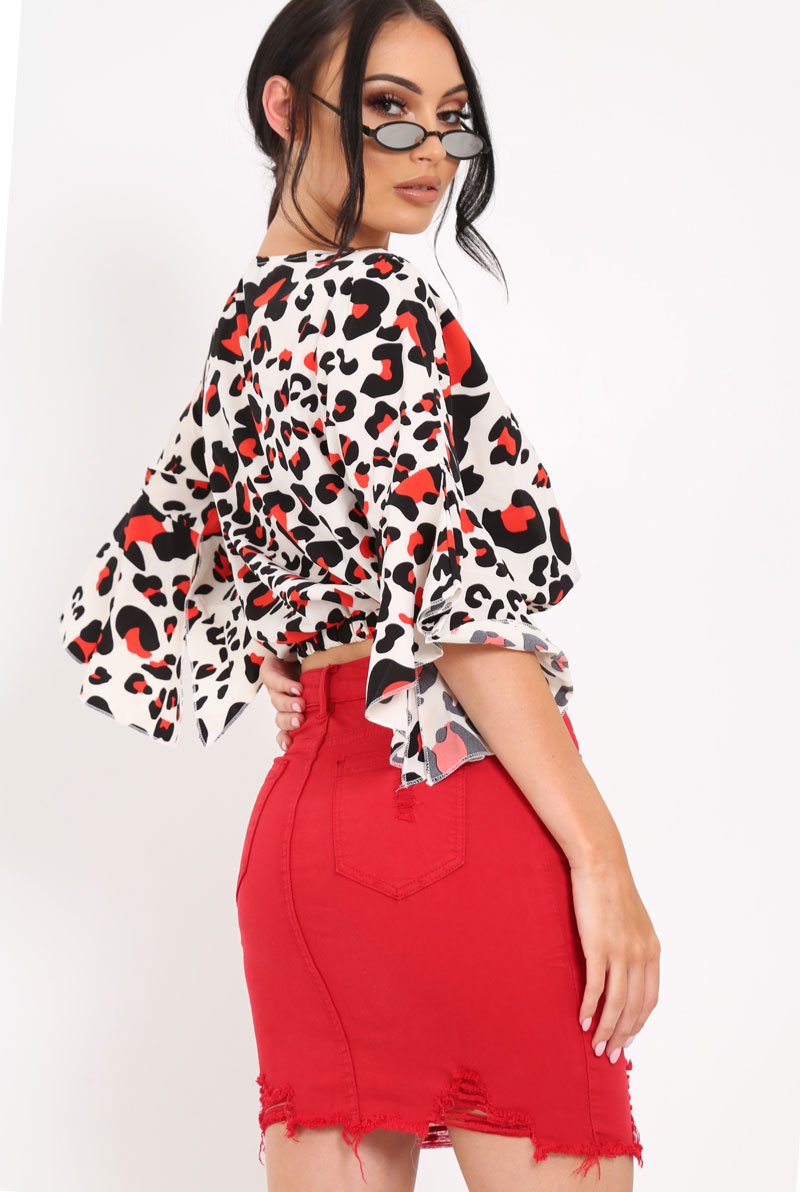 White Leopard Print Ruched Crop Top - Damira-Crop Tops