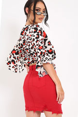 White Leopard Print Ruched Crop Top - Damira-Crop Tops