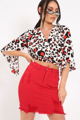 White Leopard Print Ruched Crop Top - Damira-Crop Tops