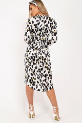 White Leopard Print Satin Belted Wrap Midi Dress - Rosine-Dresses