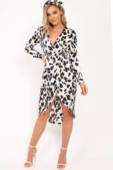 White Leopard Print Satin Belted Wrap Midi Dress - Rosine-Dresses