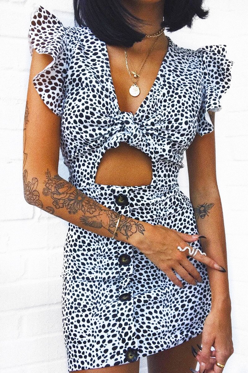 White Leopard Print Tie Button Front Bodycon Dress - Aaira-Dresses
