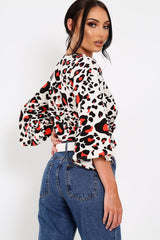 White Leopard Print Tie Front Shirt - Ikran-Tops