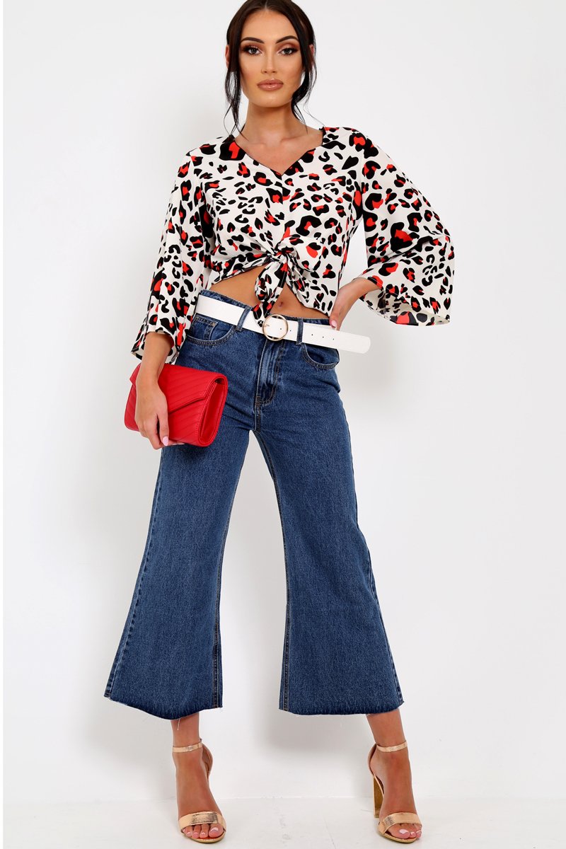 White Leopard Print Tie Front Shirt - Ikran-Tops