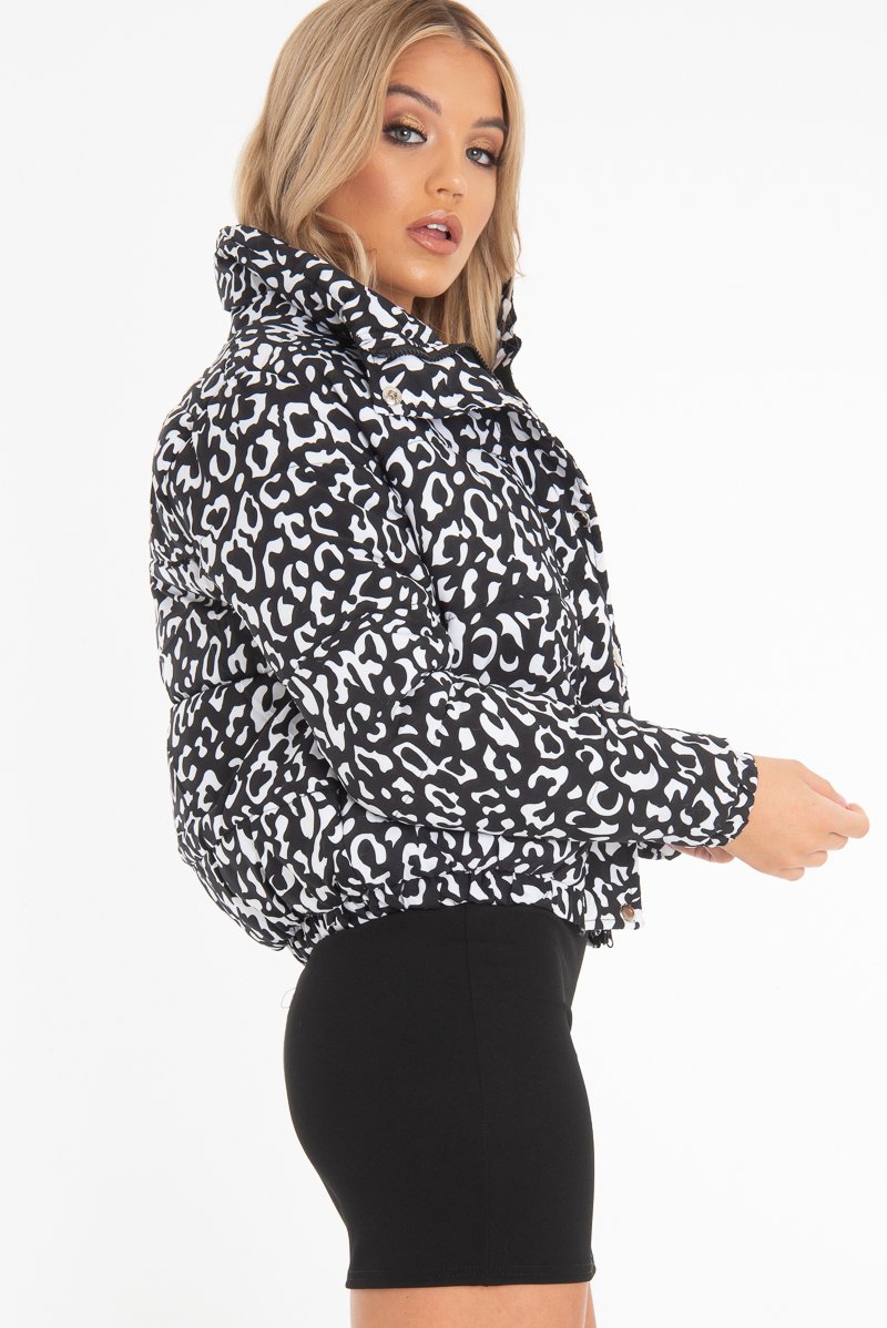 White Leopard Print Zip Front Puffer Coat - Lidya-Coats