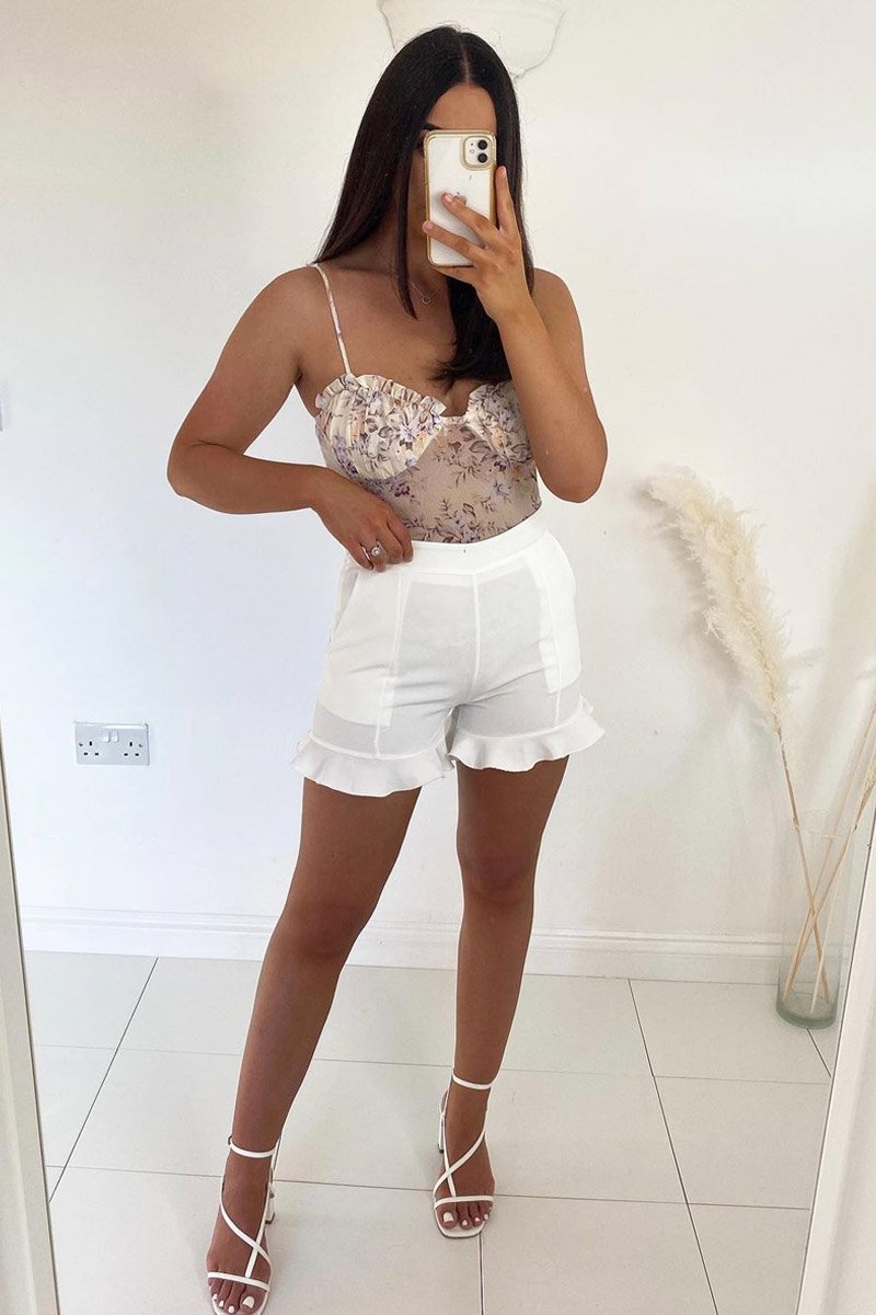 White Lightweight Frill Hem Shorts - Elleanora-Shorts