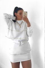 White Lime Contrast Stitch Crop Jumper Skirt Co-ord - Keva-Co-ords