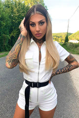 White Lime Contrast Stitch Utility Belted Playsuit - Mina-Playsuits