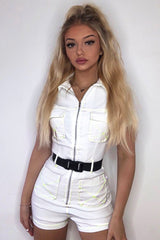 White Lime Contrast Stitch Utility Belted Playsuit - Mina-Playsuits