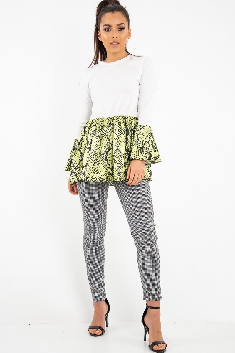 White Lime Snake Print Flare Sleeve Peplum Top - Dhara-Tops