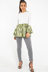 White Lime Snake Print Flare Sleeve Peplum Top - Dhara-Tops