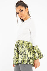 White Lime Snake Print Flare Sleeve Peplum Top - Dhara-Tops