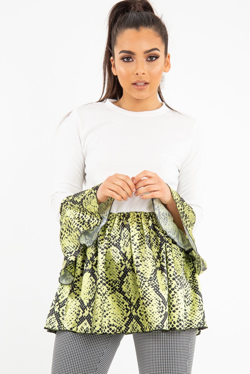 White Lime Snake Print Flare Sleeve Peplum Top - Dhara-Tops