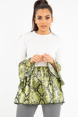 White Lime Snake Print Flare Sleeve Peplum Top - Dhara-Tops