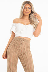 White Linen Sweetheart Shirred Back Crop Top - Cassey-Crop Tops