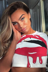 White Lips Print Crop T-Shirt - Diana-Crop Tops